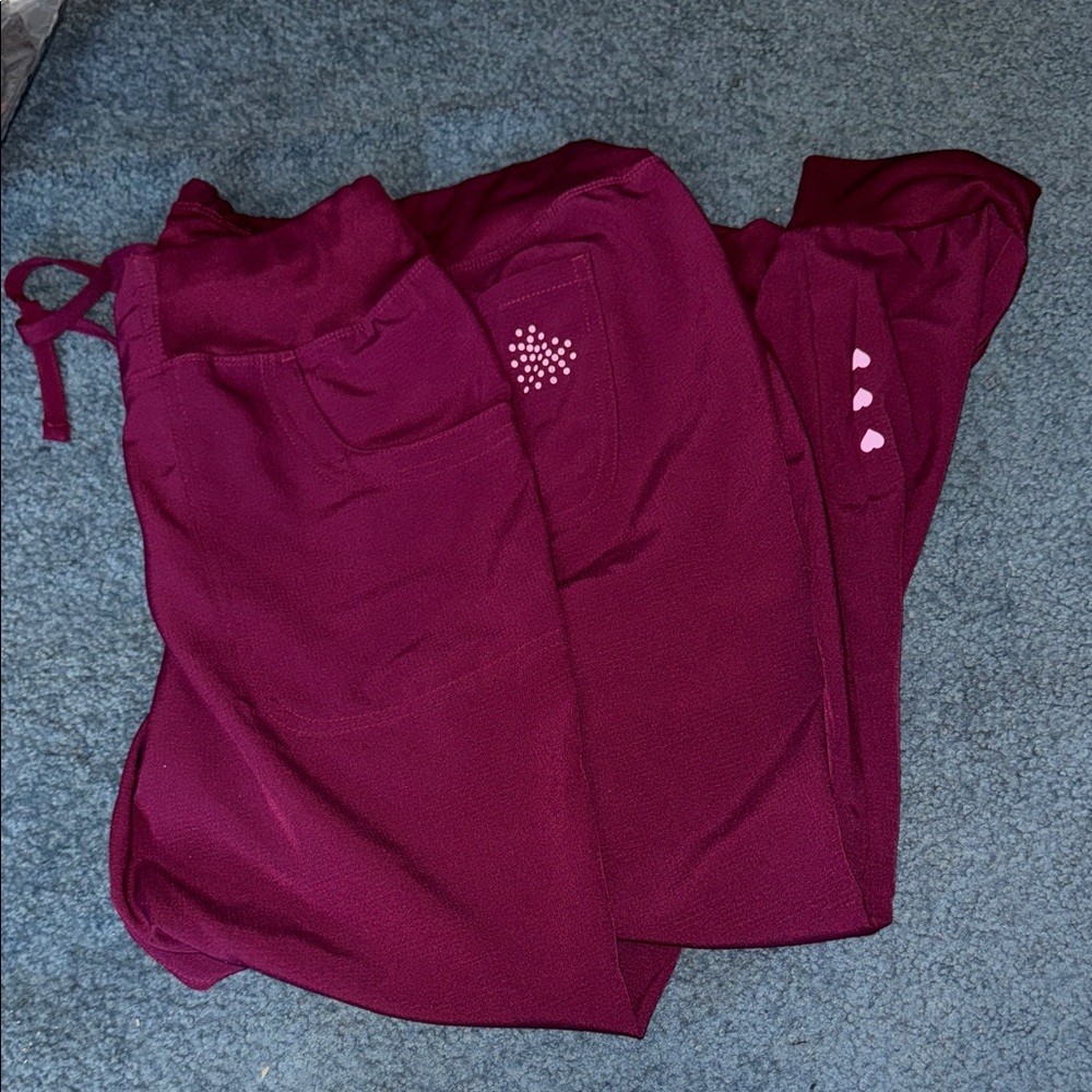 Burgundy scrub Jogger Pants with Heart Accents